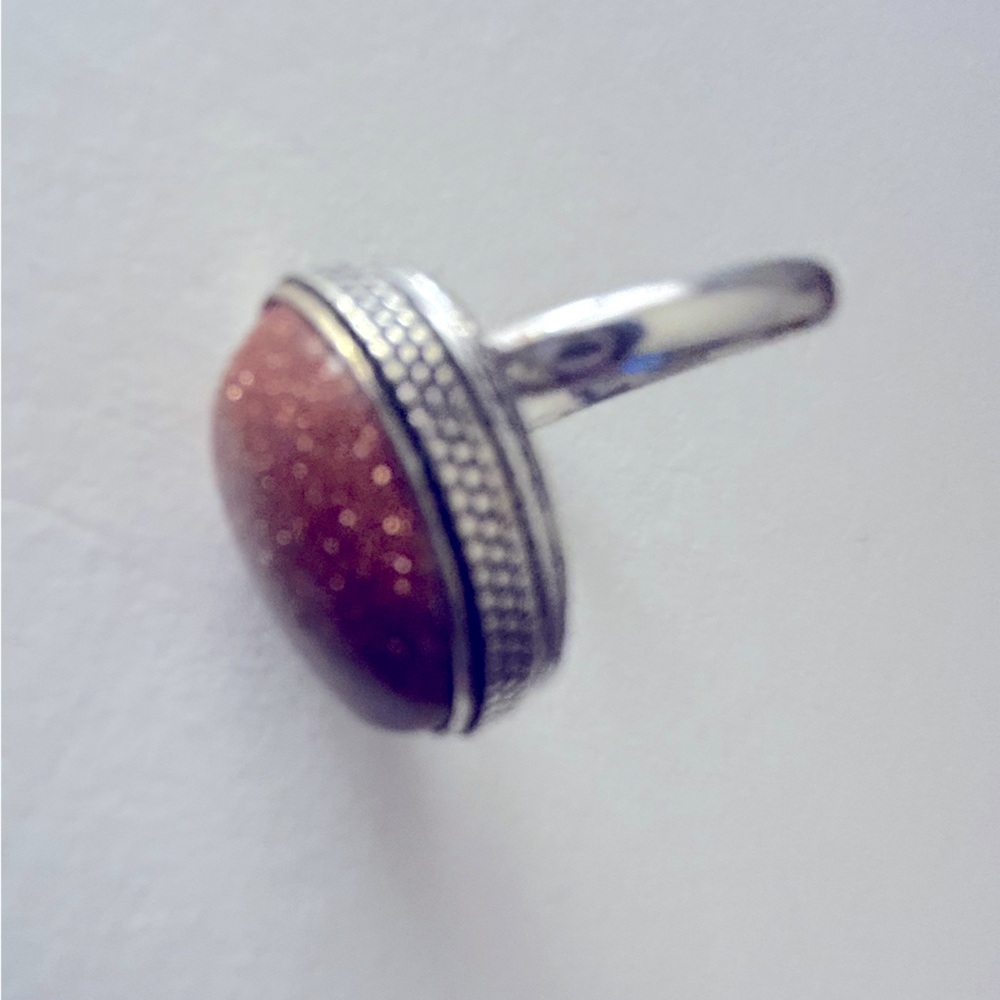Goldstone Ring .925 Sterling Silver-plated, oval dome, detailed bezel Adj.